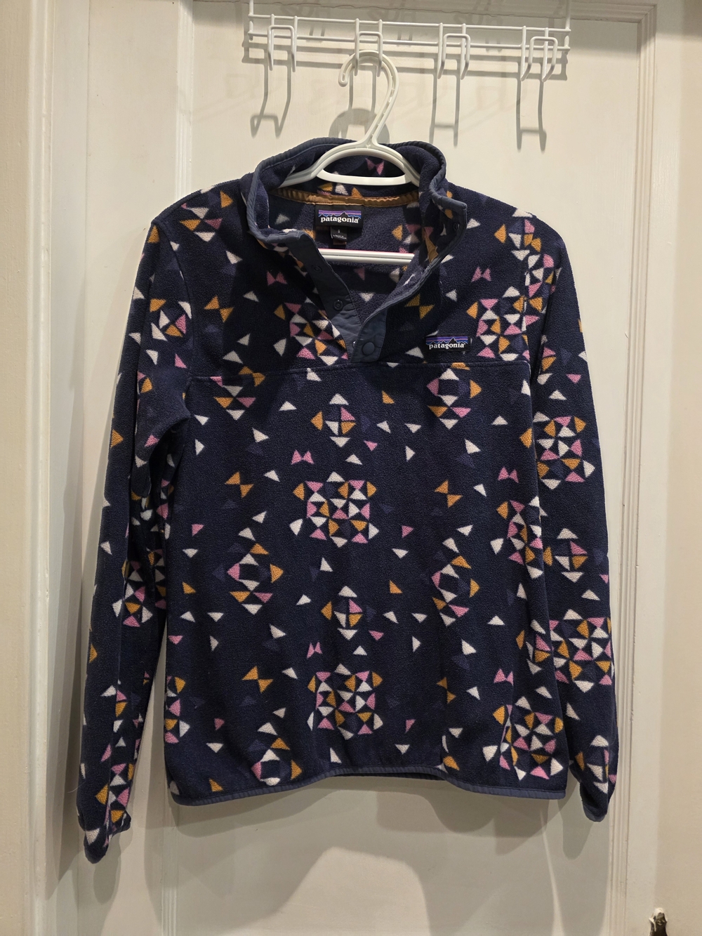 Patagonia Navy Fleece Pullover with Pink, Yellow, White Geometric Print